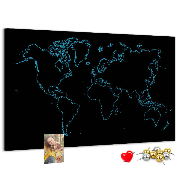 Tableau affichage liège Carte du monde sur fond noir