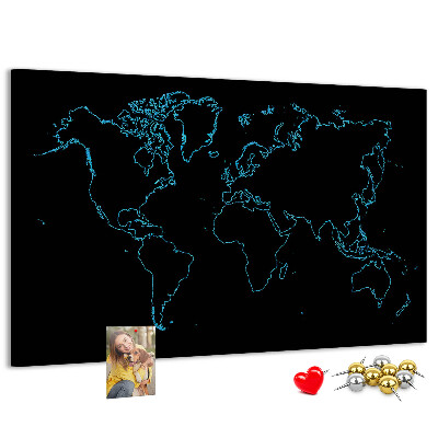 Tableau affichage liège Carte du monde sur fond noir