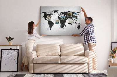 Tableau en liège Le contour noir d'une carte du monde sur le mur