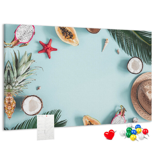 Tableau en liège Fruits tropicaux et accessoires de plage.