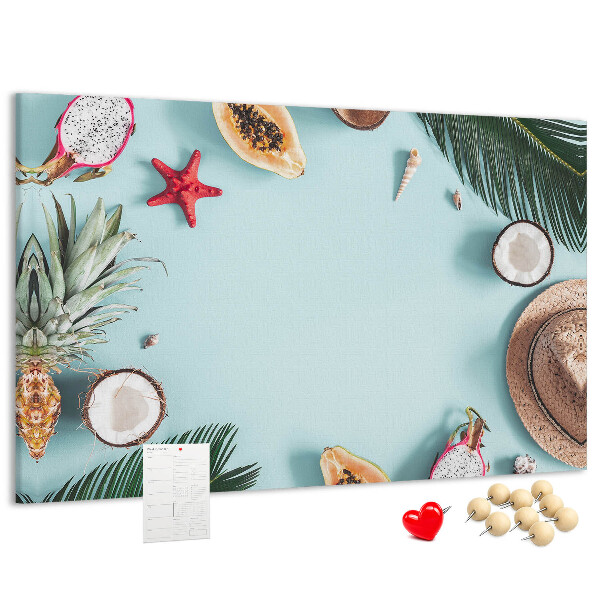Tableau en liège Fruits tropicaux et accessoires de plage.