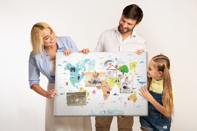 Tableau en liège Carte du monde illustrée d'animaux.