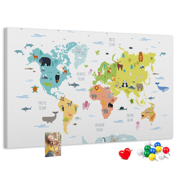 Tableau en liège Carte du monde illustrée d'animaux.