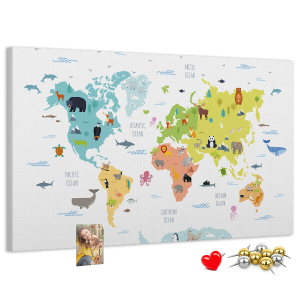 Tableau en liège Carte du monde illustrée d'animaux.