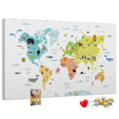 Tableau en liège Carte du monde illustrée d'animaux.