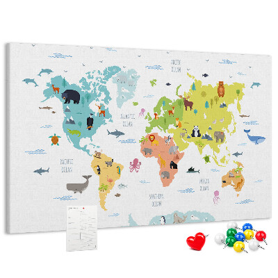 Tableau en liège Carte du monde illustrée d'animaux.