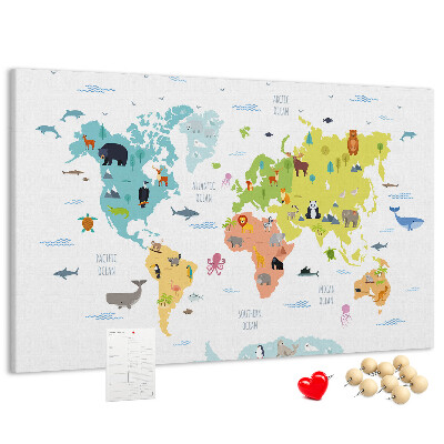 Tableau en liège Carte du monde illustrée d'animaux.