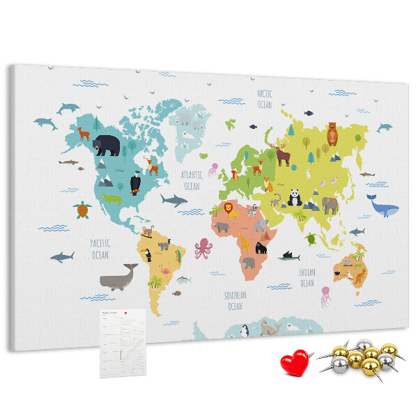Tableau en liège Carte du monde illustrée d'animaux.