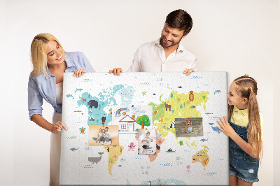 Tableau en liège Carte du monde illustrée d'animaux.