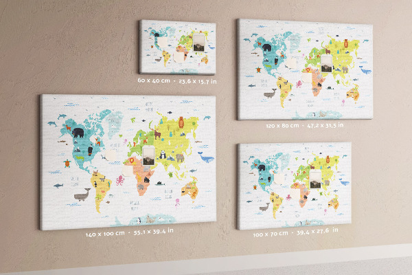 Tableau en liège Carte du monde illustrée d'animaux.