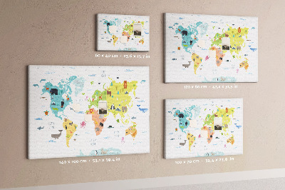 Tableau en liège Carte du monde illustrée d'animaux.