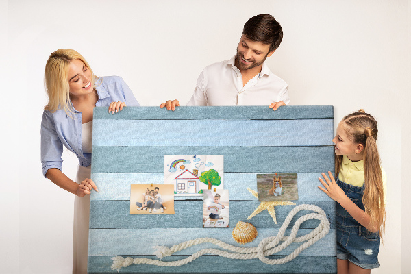 Tableau en liège Paysage marin avec coquillages et ficelle