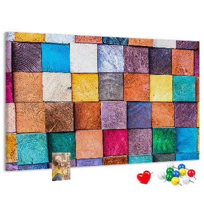 Tableau en liège Carrés colorés dans un motif en bois