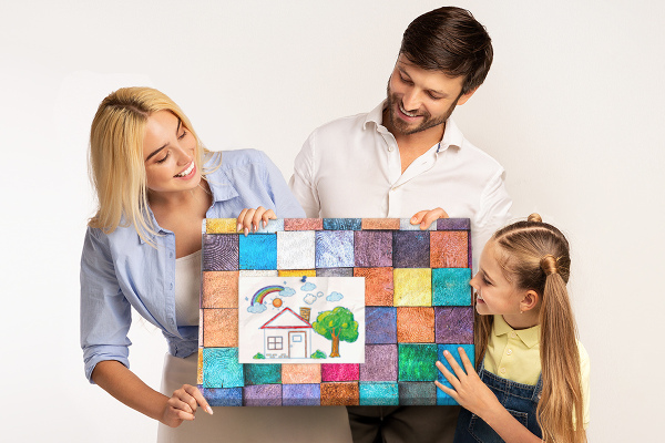 Tableau en liège Carrés colorés dans un motif en bois