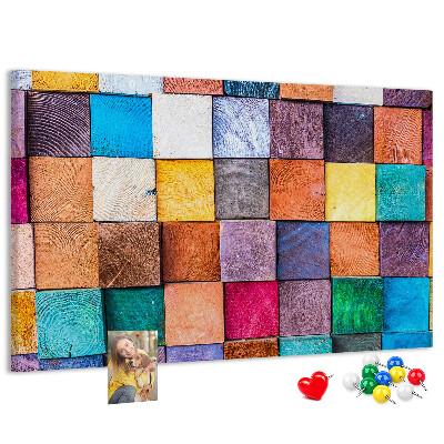 Tableau en liège Carrés colorés dans un motif en bois