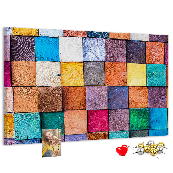 Tableau en liège Carrés colorés dans un motif en bois