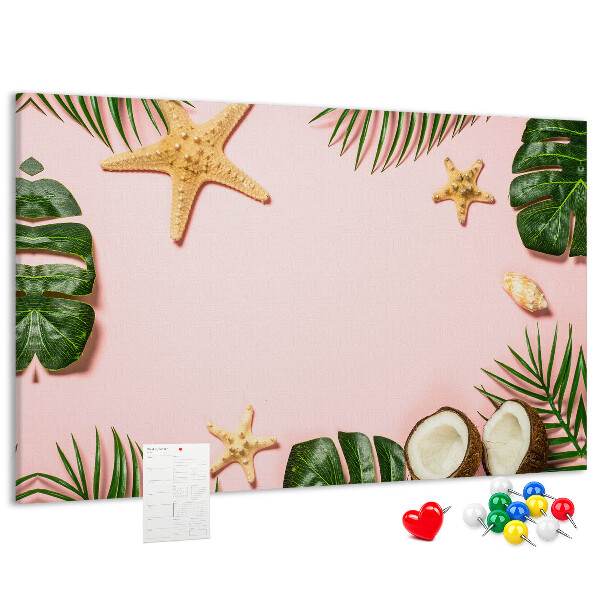 Tableau affichage liège Paysage tropical avec des coquillages et des feuilles