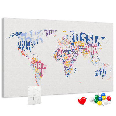 Tableau en liège Carte du monde avec les noms des pays.