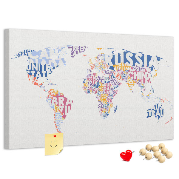 Tableau en liège Carte du monde avec les noms des pays.