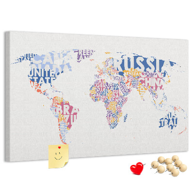 Tableau en liège Carte du monde avec les noms des pays.