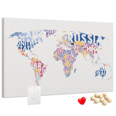 Tableau en liège Carte du monde avec les noms des pays.