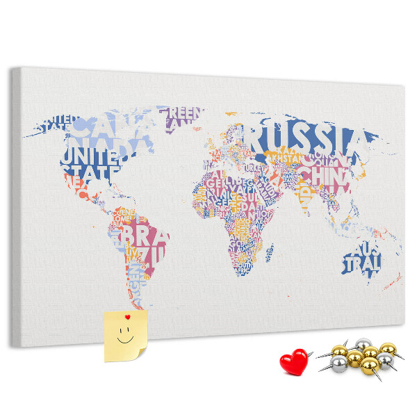 Tableau en liège Carte du monde avec les noms des pays.