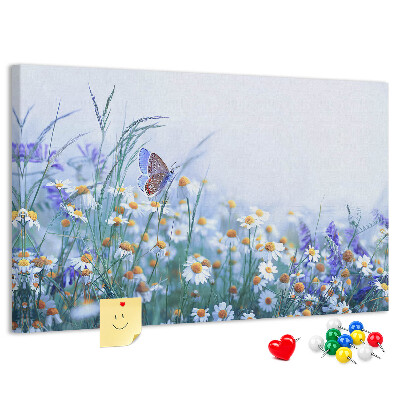 Tableau affichage liège Motif de prairie avec papillon et fleurs.