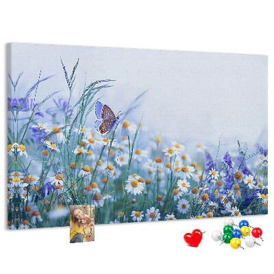 Tableau affichage liège Motif de prairie avec papillon et fleurs.