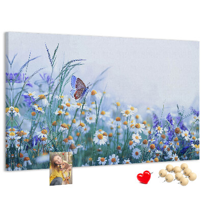 Tableau affichage liège Motif de prairie avec papillon et fleurs.