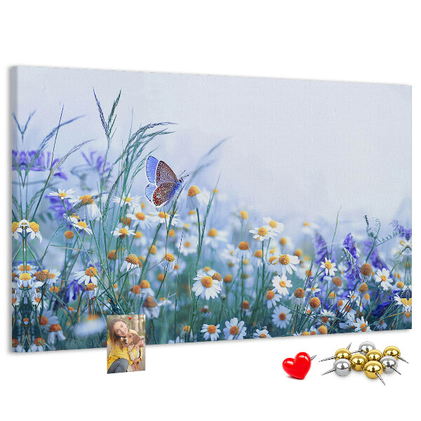 Tableau affichage liège Motif de prairie avec papillon et fleurs.