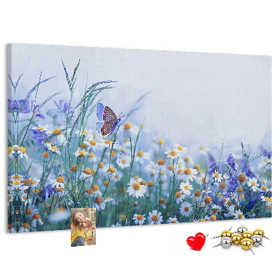 Tableau affichage liège Motif de prairie avec papillon et fleurs.