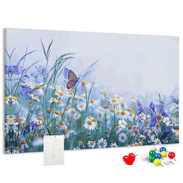 Tableau affichage liège Motif de prairie avec papillon et fleurs.