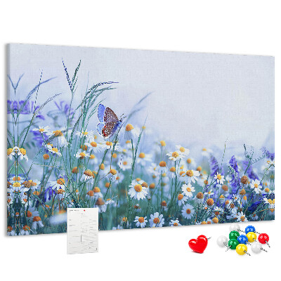 Tableau affichage liège Motif de prairie avec papillon et fleurs.