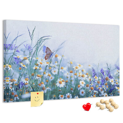 Tableau affichage liège Motif de prairie avec papillon et fleurs.