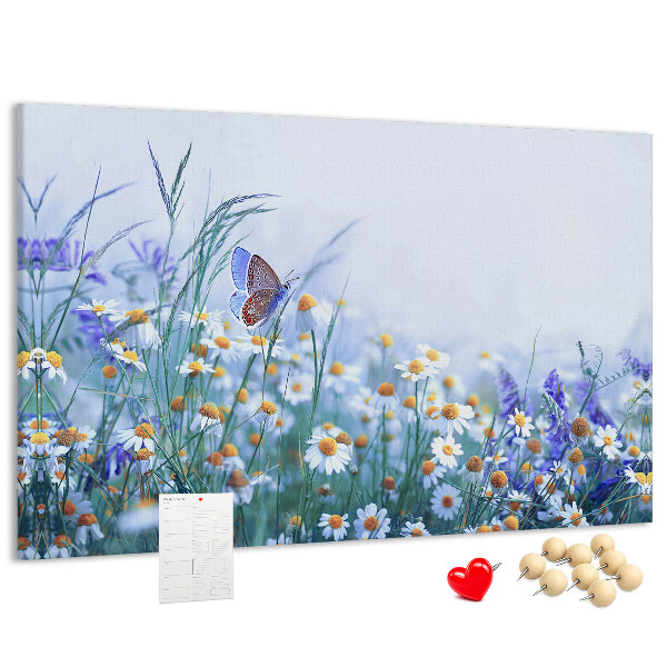 Tableau affichage liège Motif de prairie avec papillon et fleurs.