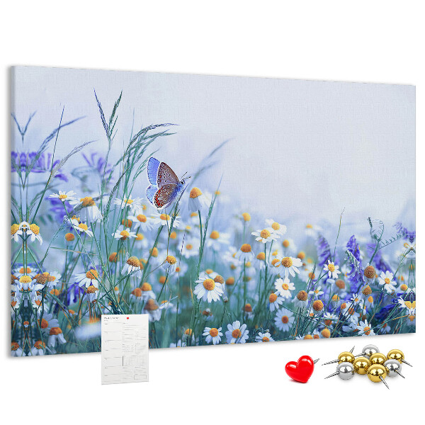 Tableau affichage liège Motif de prairie avec papillon et fleurs.