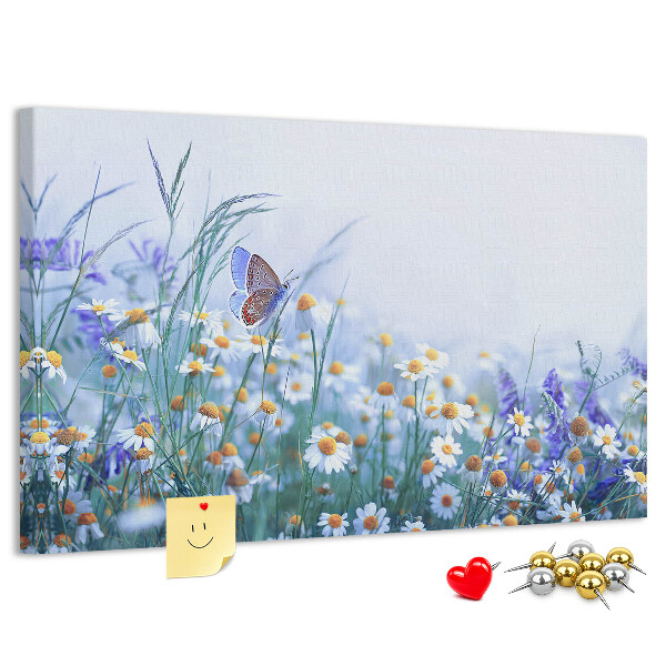 Tableau affichage liège Motif de prairie avec papillon et fleurs.