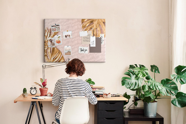 Tableau en liège Feuilles dorées sur un fond délicat