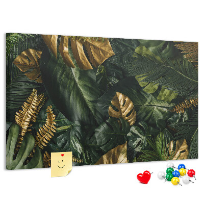 Tableau affichage liège Feuilles dorées sur fond vert foncé