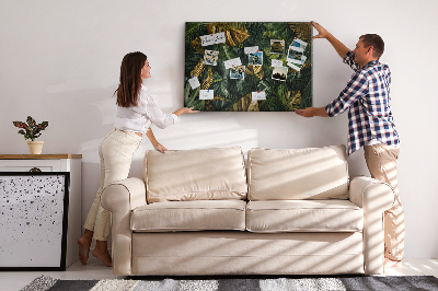 Tableau affichage liège Feuilles dorées sur fond vert foncé
