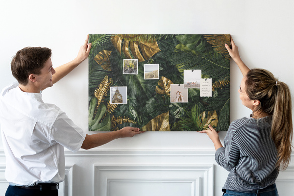 Tableau affichage liège Feuilles dorées sur fond vert foncé