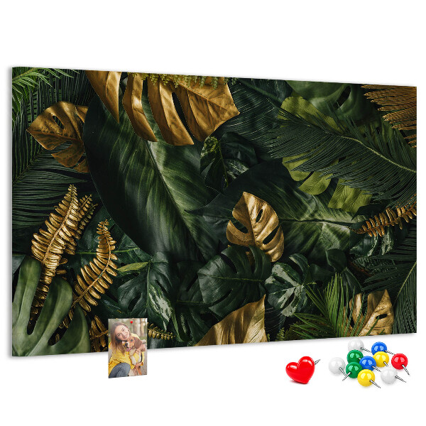 Tableau affichage liège Feuilles dorées sur fond vert foncé