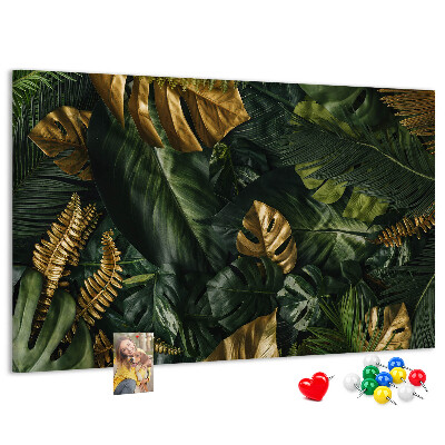 Tableau affichage liège Feuilles dorées sur fond vert foncé