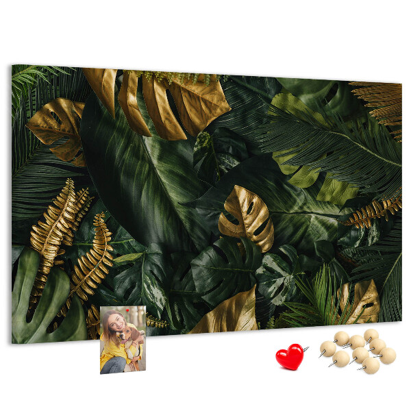 Tableau affichage liège Feuilles dorées sur fond vert foncé