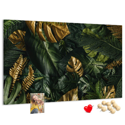 Tableau affichage liège Feuilles dorées sur fond vert foncé