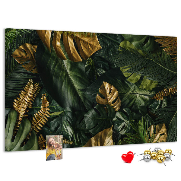 Tableau affichage liège Feuilles dorées sur fond vert foncé