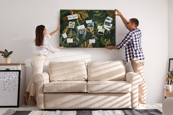 Tableau affichage liège Feuilles dorées sur fond vert foncé
