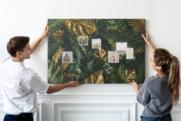 Tableau affichage liège Feuilles dorées sur fond vert foncé