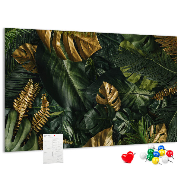 Tableau affichage liège Feuilles dorées sur fond vert foncé