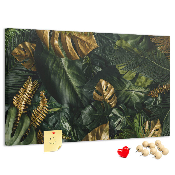 Tableau affichage liège Feuilles dorées sur fond vert foncé